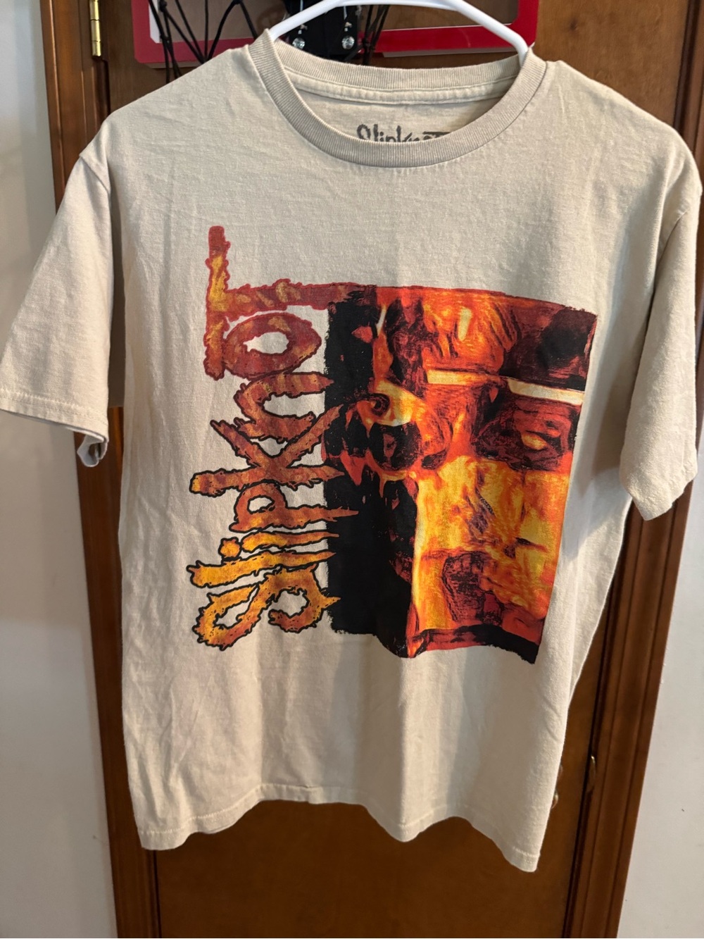 Beige Slipknot Short-Sleeve Graphic Tee with Orange Flame Print